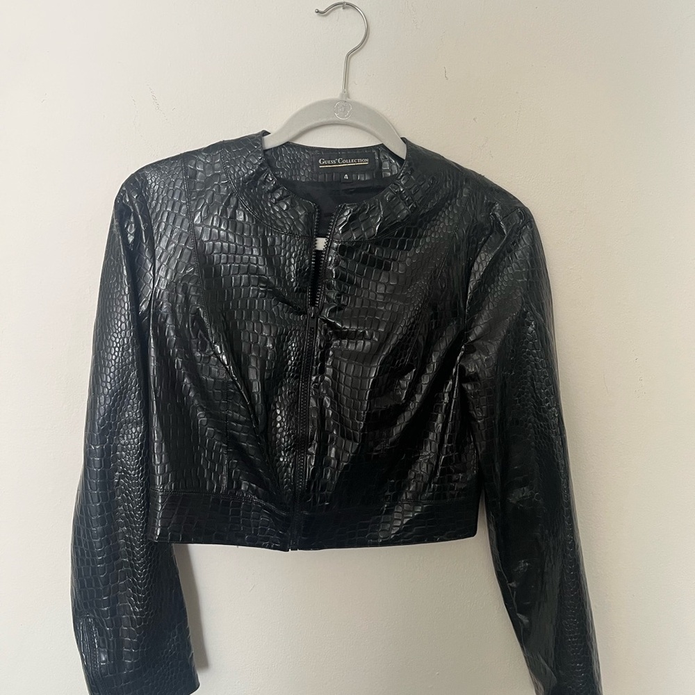Guess Collection Black Croc-Embossed Crop Jacket